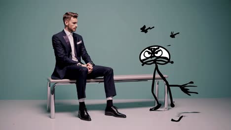 man sitting on bench with angry cartoon figures