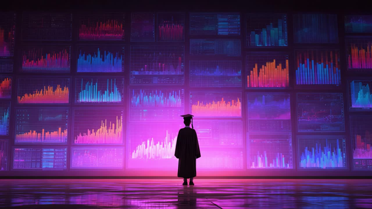 A graduate stands in awe, surrounded by vibrant data visualizations and colorful graph displays, symbolizing achievement and the promising future of innovation and knowledge