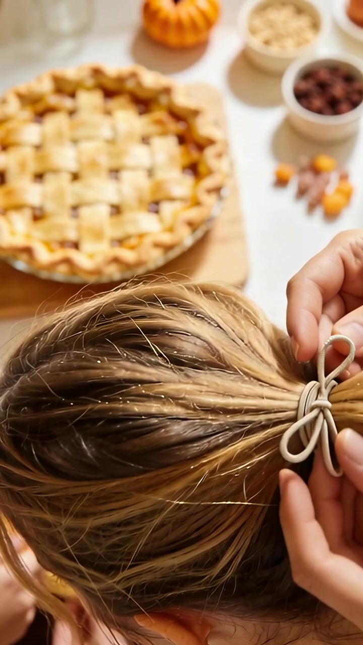 Vertical video: Twisting hands looping elastic, forming hair bow in kitchen for baking, pie bowls