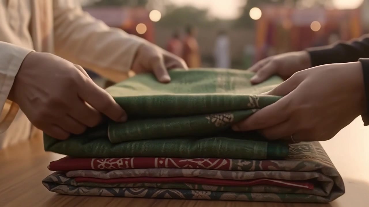 People Folding Traditional Indian Textiles at an Outdoor Market