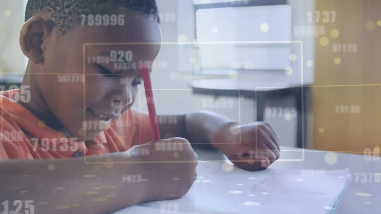 Animation of numbers, rectangles and lens flares over smiling african american boy writing in book