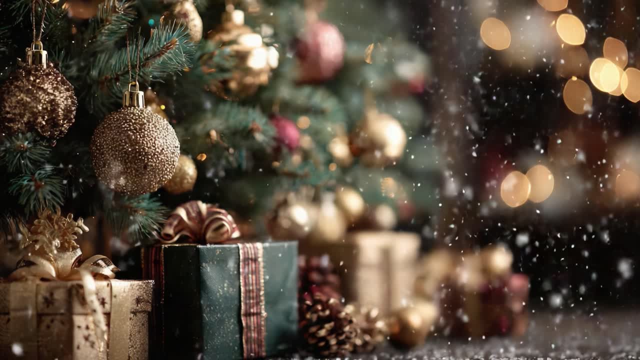 Una scena festosa di un albero di Natale decorato in modo splendido, circondato da regali colorati sotto una leggera nevicata, che cattura l'essenza dell'allegria delle feste