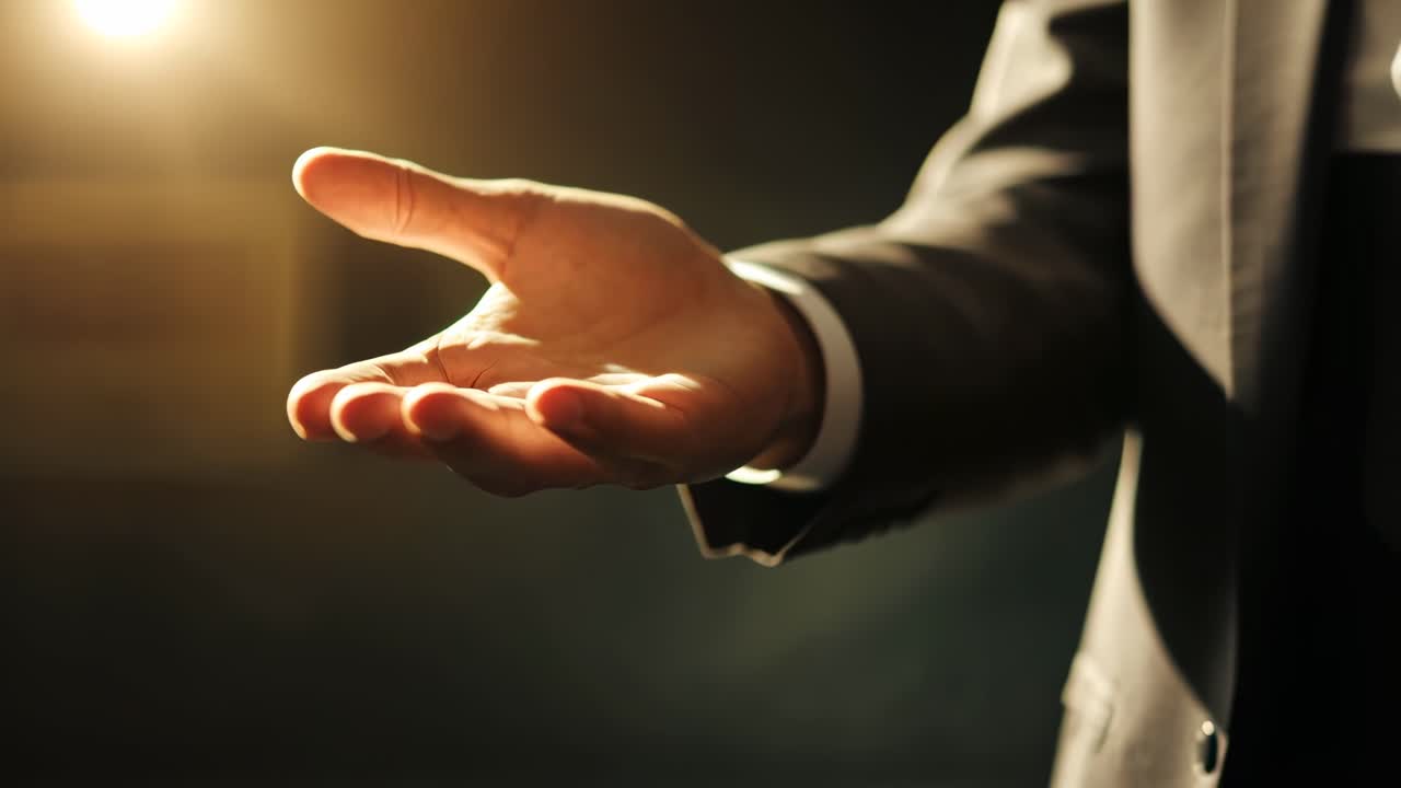 A close-up, low-angle shot of an outstretched hand in soft focus, suggesting an invitation or offer
