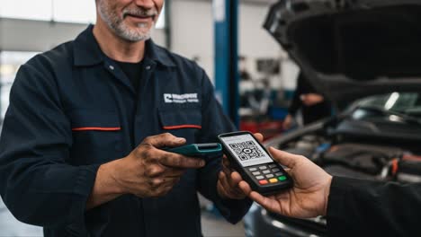 mechanic facilitating contactless payment at an auto repair shop, showcasing modern technology in vehicle maintenance and customer transactions