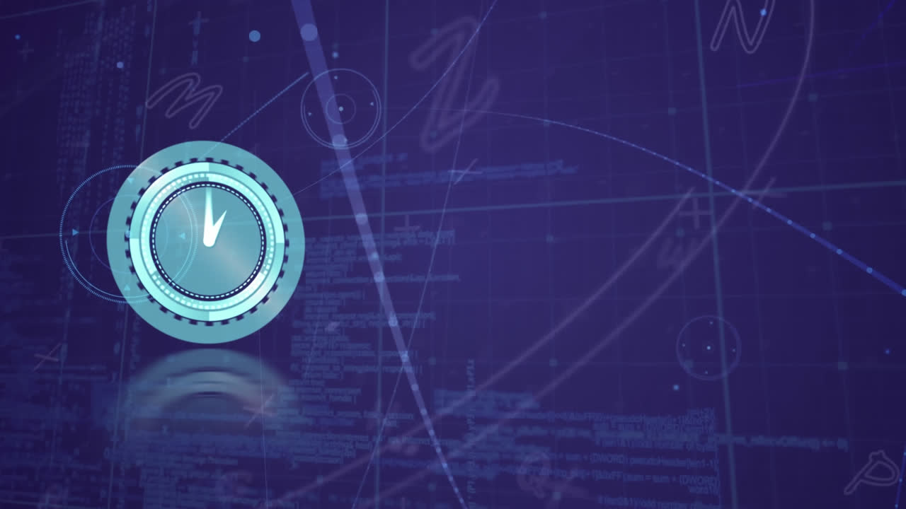 анимация неоновых часов, плавающих алфавитов, сети соединений и обработки данных