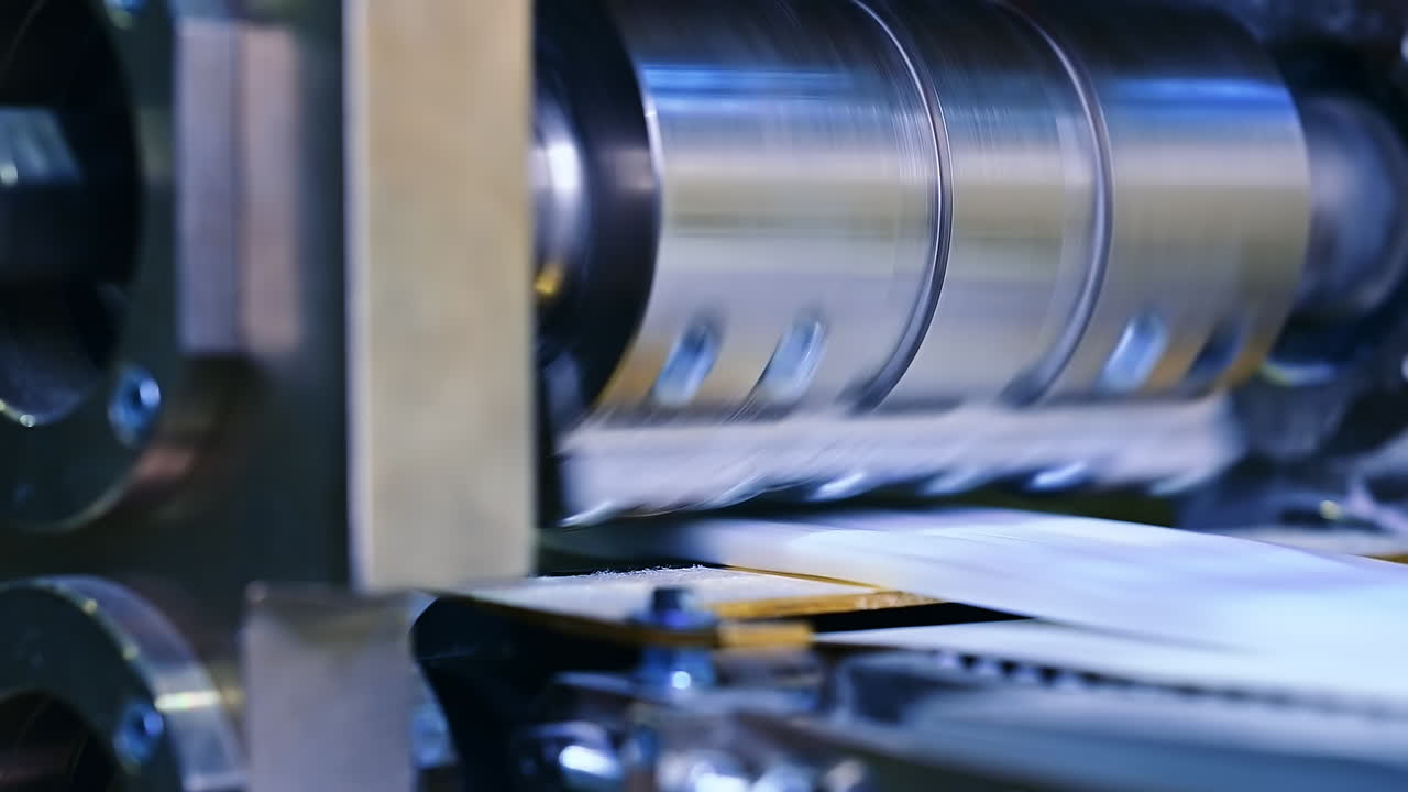 The big drum rotates in close-up.. The outer layer of diapers is made on the machine.