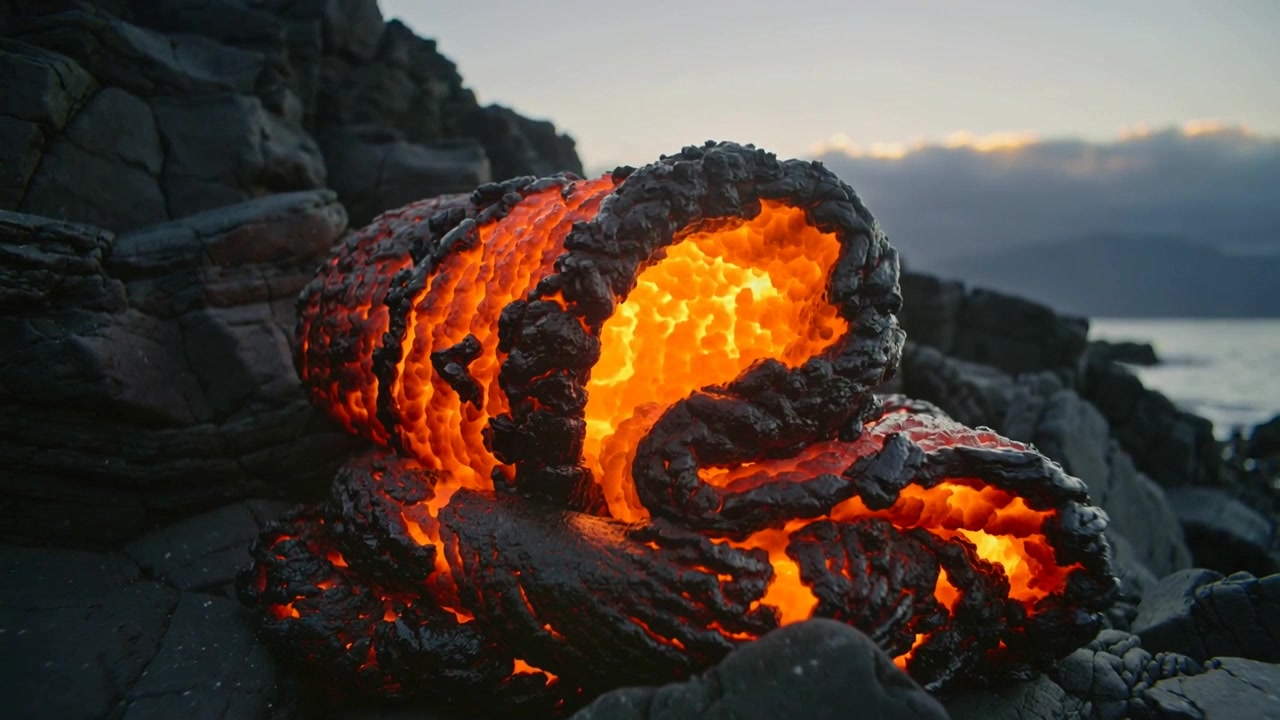 Flydende smeltet lava, der afkøles efter eksponering for luft på kystbasalt i skumringen, danner en mørk skorpe.