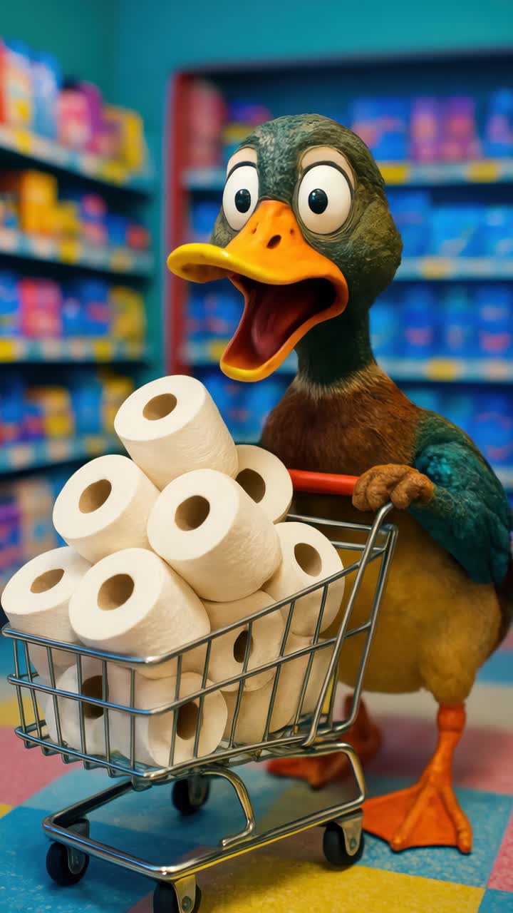 A whimsical video concept featuring a duck with a shopping cart full of toilet paper