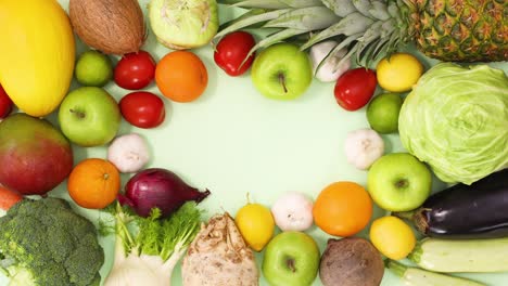 some of fruits and vegetables on the healthy food frame blinking. stop motion flat lay