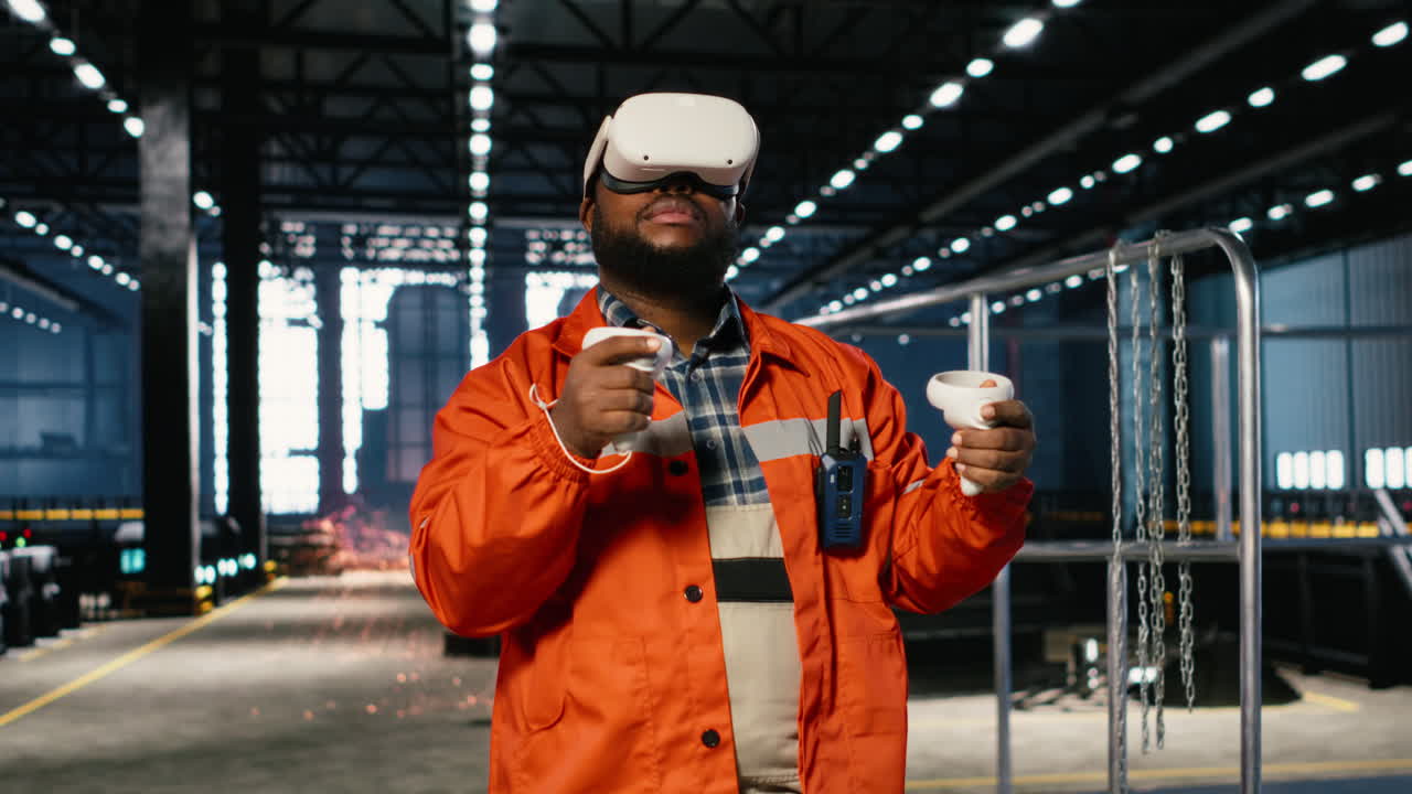 African american worker uses VR headset during technology training session