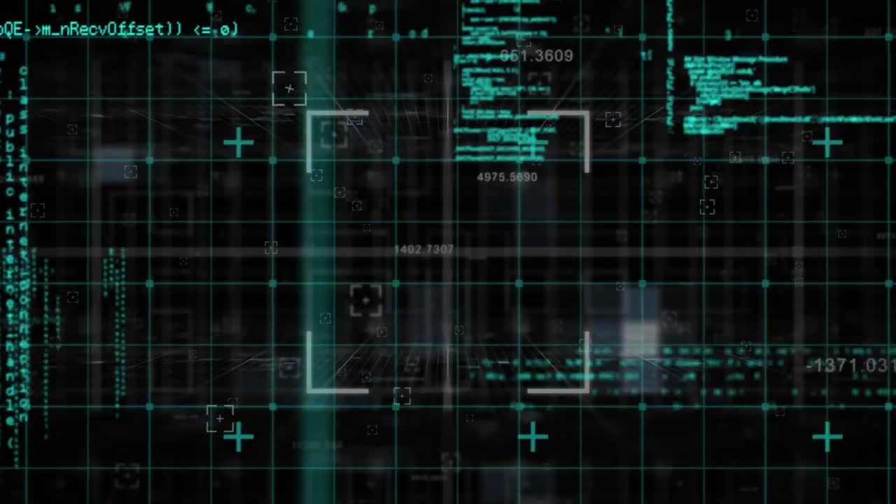 animación de la red de cuadrícula y escaneo de alcance sobre el procesamiento de datos contra un fondo negro