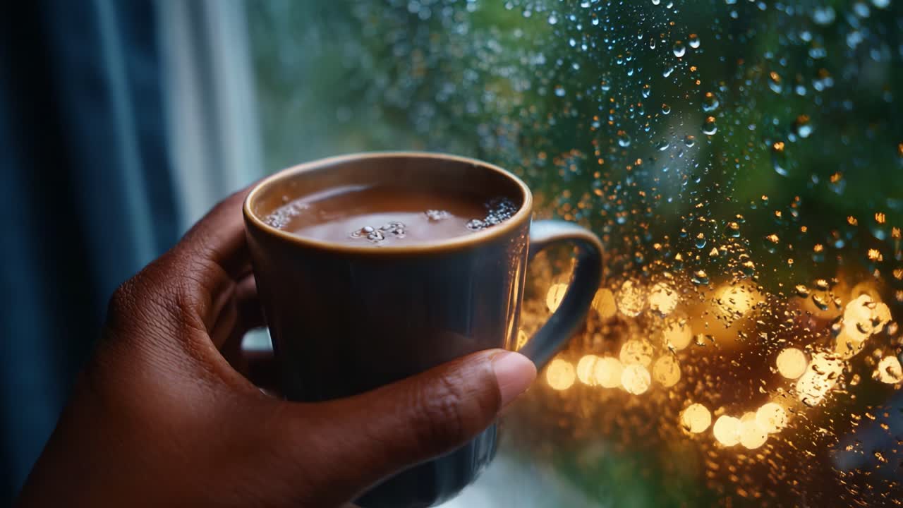 Una tazza di caffè calda tenuta in mano davanti a una finestra piovosa, con gocce di pioggia sul vetro e splendide luci bokeh sullo sfondo per creare un'atmosfera accogliente