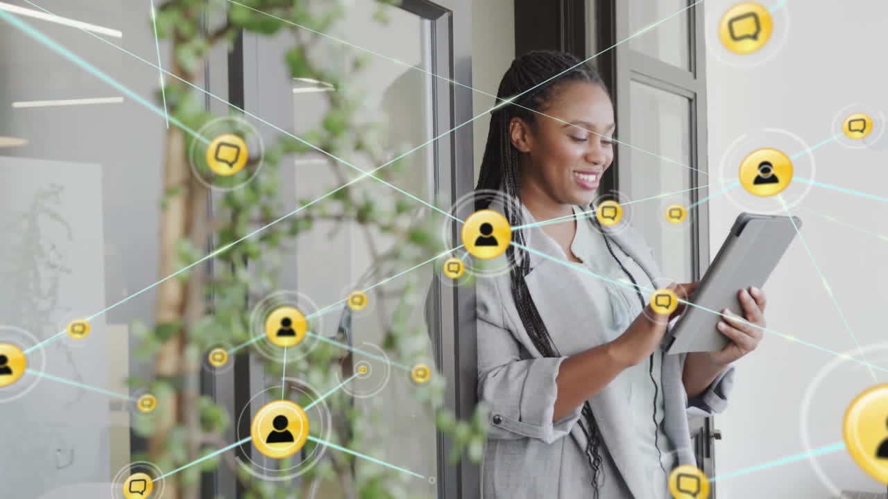 Animation of network of connections with icons over african american woman using tablet