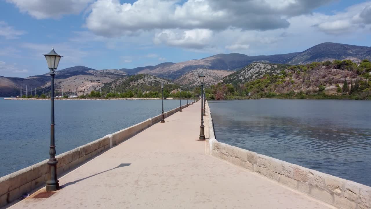 Flying near belisk and the de Bosset bridge in Argostoli, Kefalonia, Greece