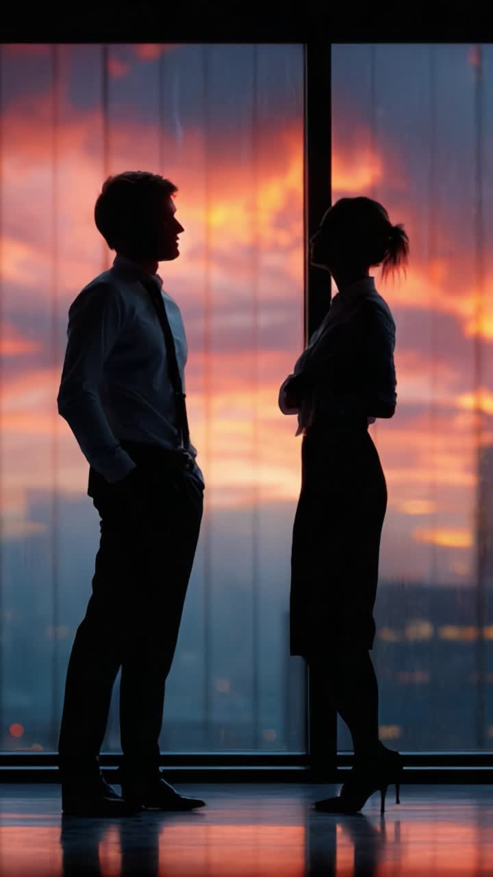 Un momento di connessione: silhouette di due persone su uno sfondo di un tramonto vivace, che riflettono emozione e fascino nella loro interazione