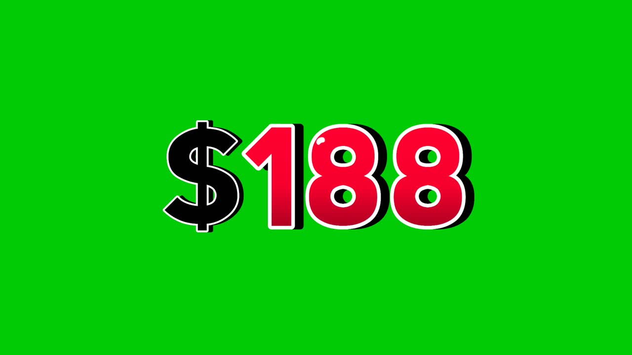 Animation number $188 dollar sign motion graphics with smoke effect green screen background vibrant red numbers. Video 3D effect with shadows for video elements business concept