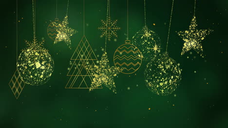animación de decoraciones navideñas y nieve cayendo sobre un fondo verde