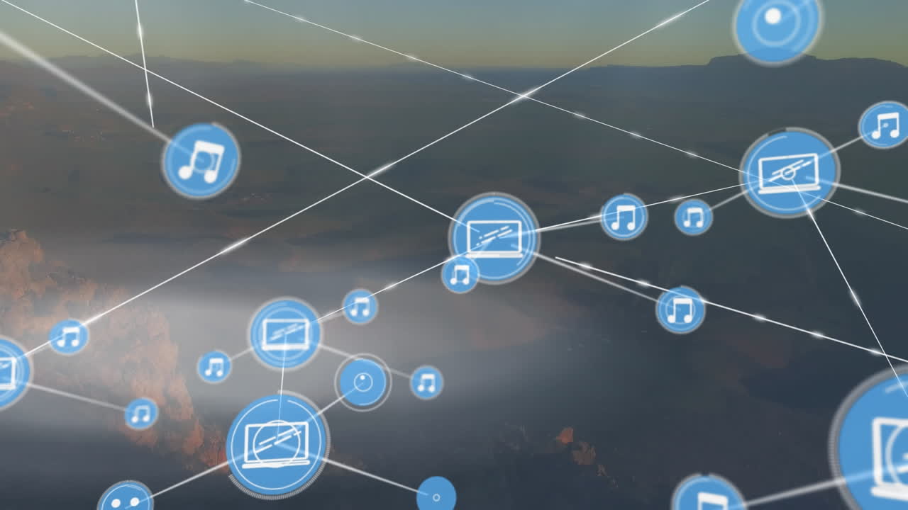 산과 함께 풍경의 공중 뷰에 대하여 디지털 아이콘의 네트워크의 애니메이션