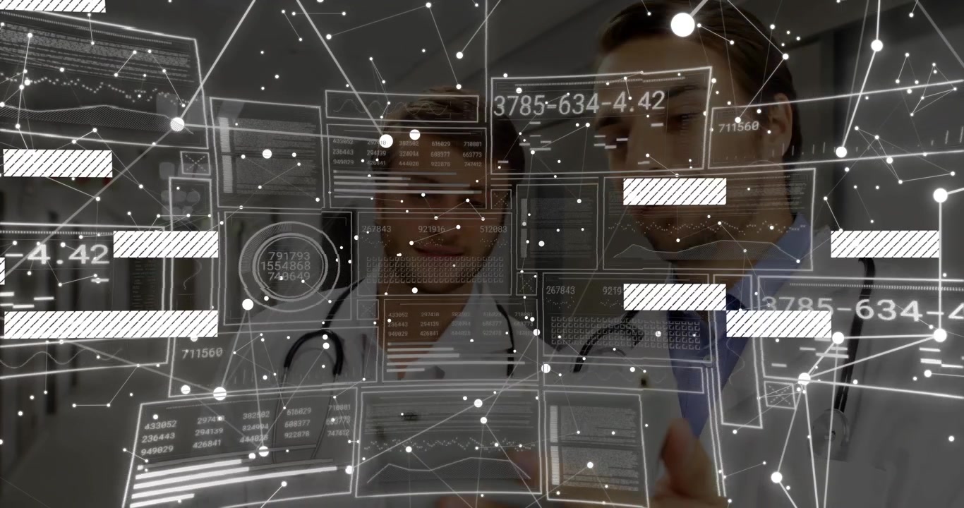 Two male doctors reviewing patient data with network overlay animating after tablet tapping