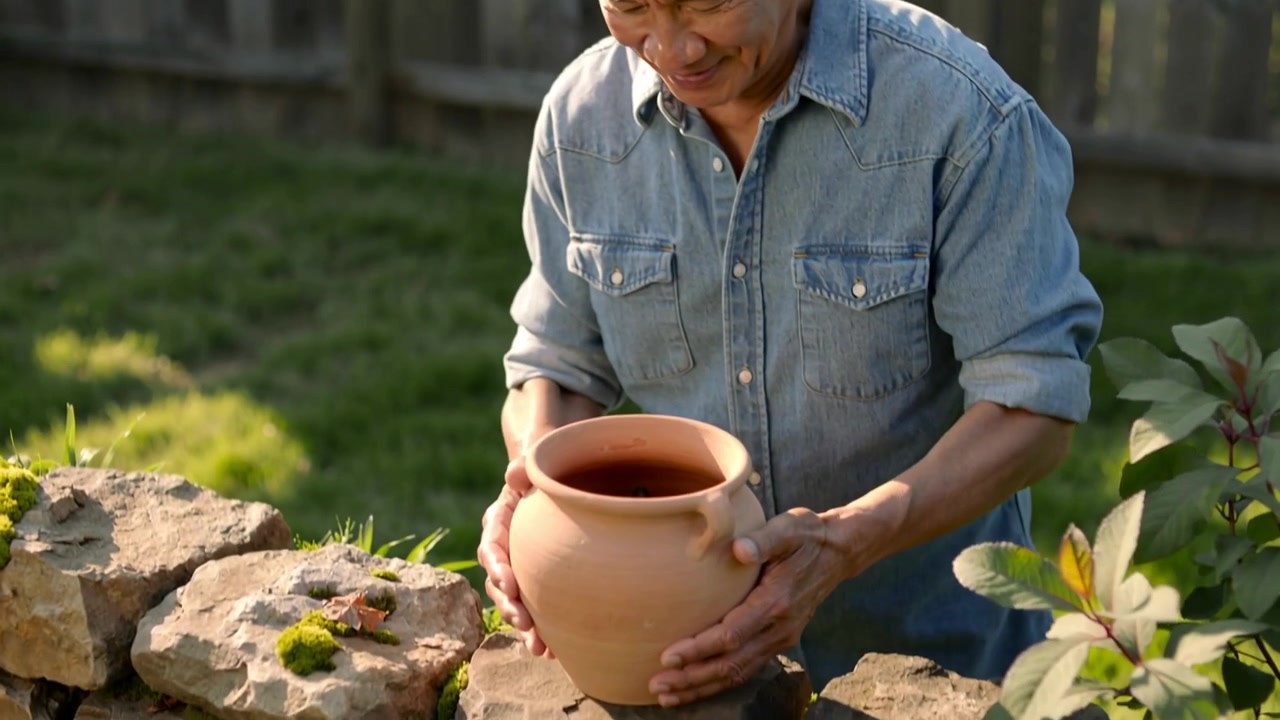 Inspecting terracotta pot, senior man in denim shirt placing it on stone wall, centering