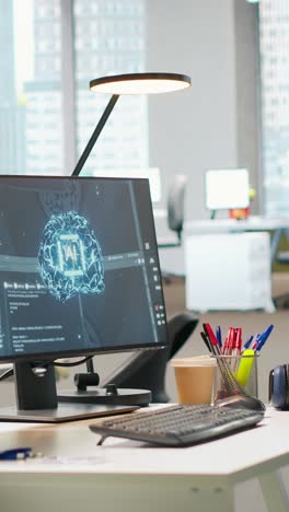vertical video pc in empty tech startup office displaying ai neural networks