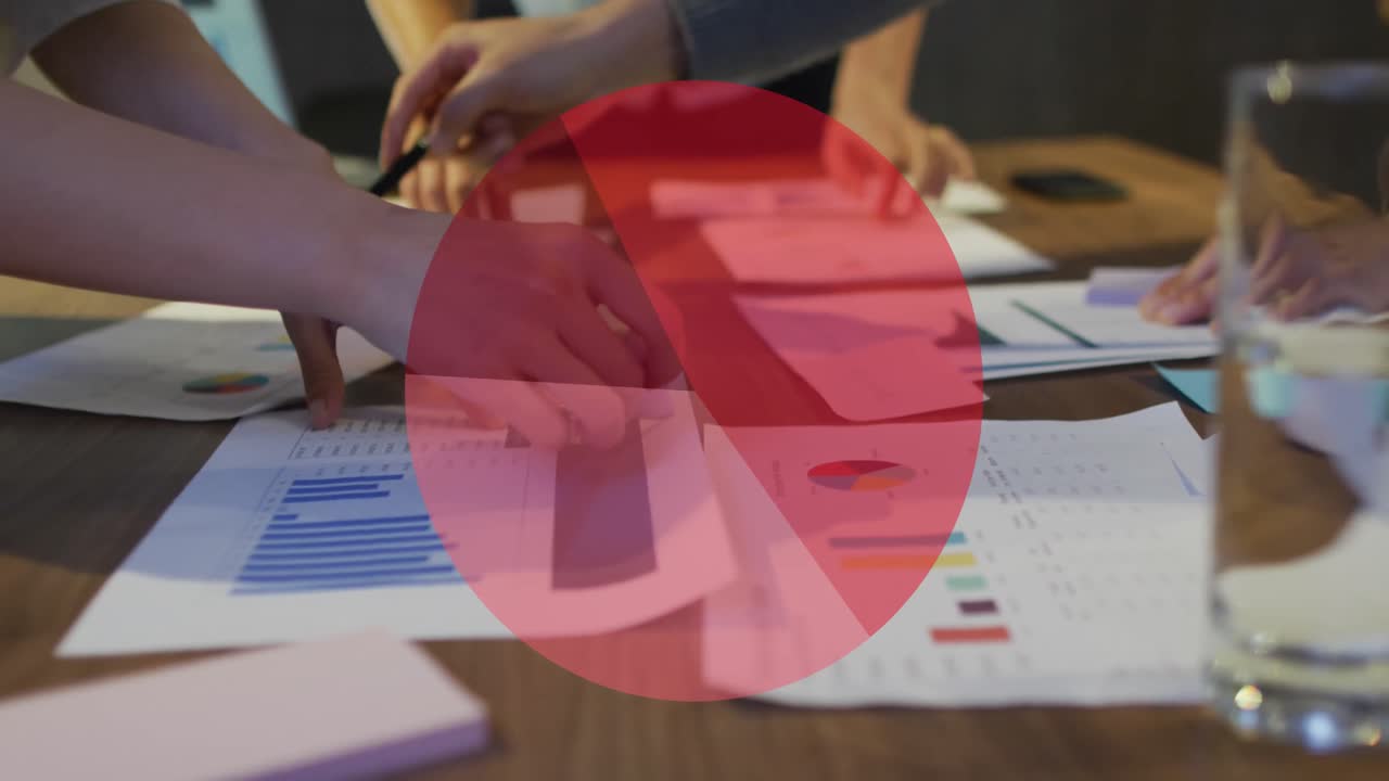 Animation of financial data processing over diverse business people in office