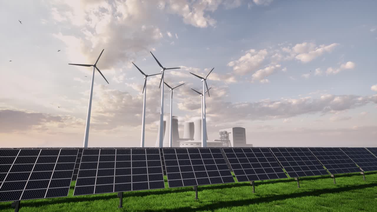 Renewable Energy Concept with Solar Panels and Wind Turbines