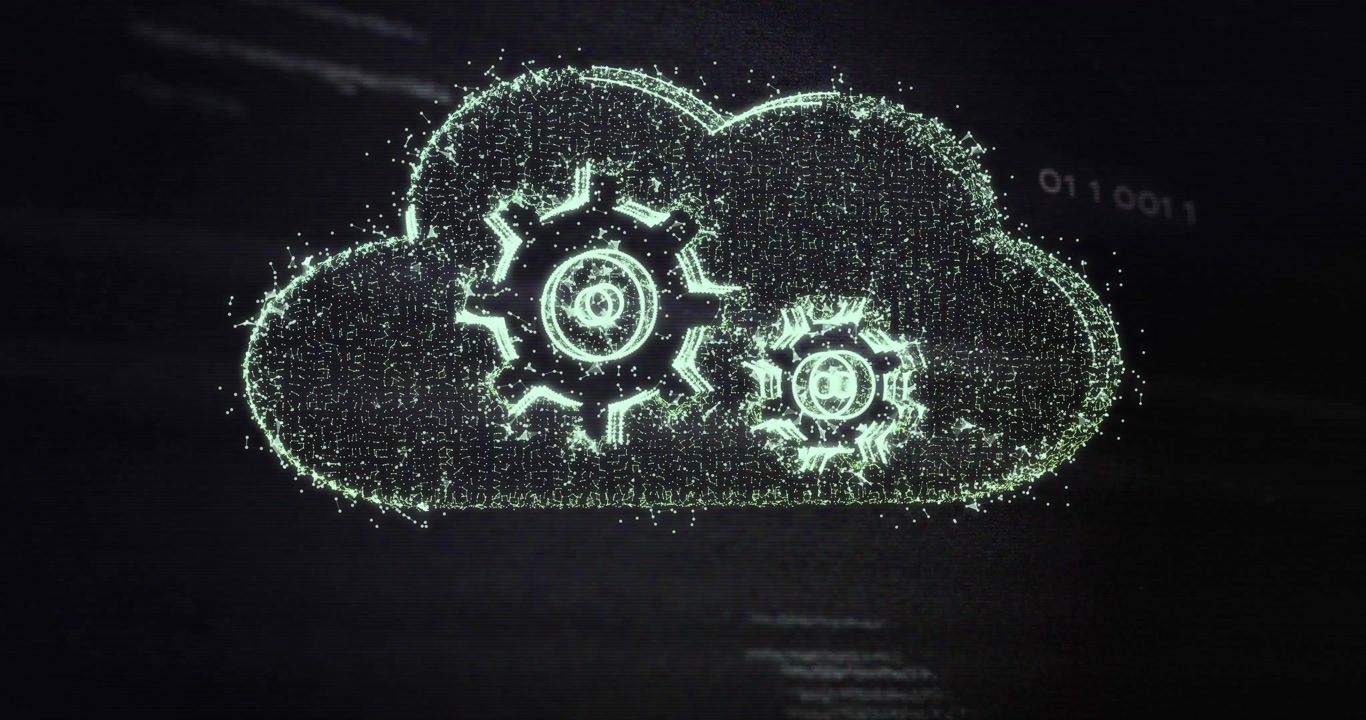 Starting with mint-green particles floating, converging into glowing cloud and pulsing gear icon