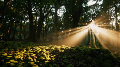 sunbeams piercing through a lush mossy forest