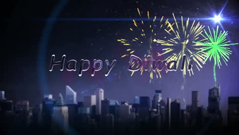 Animation-of-happy-diwali-over-fireworks-and-night-cityscape-in-background