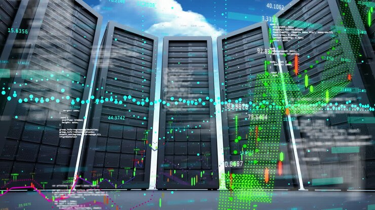 Animation of data processing and diagram over server room