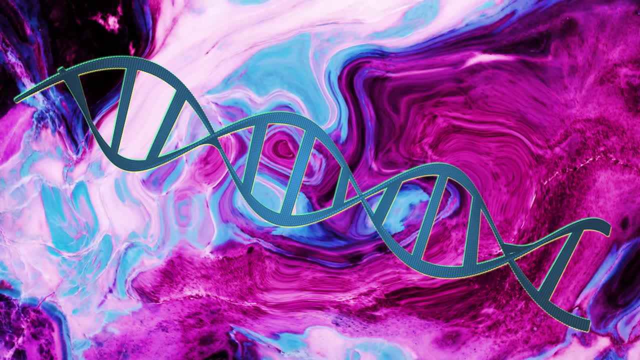 Animation of blue dna strand rotating over moving pink and blue liquid