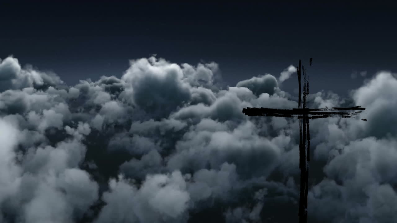 Silhouette of cross against dramatic cloud-filled sky, creating animation effect