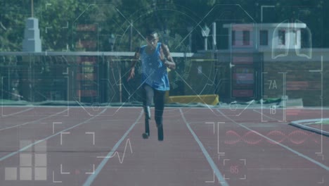 Animation-of-digital-screen-over-african-american-man-with-running-blade-training-at-stadium