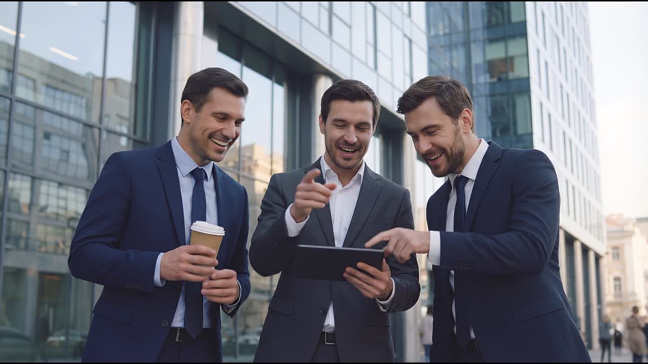 Tres empresarios discutiendo en una tableta al aire libre frente a un edificio de oficinas