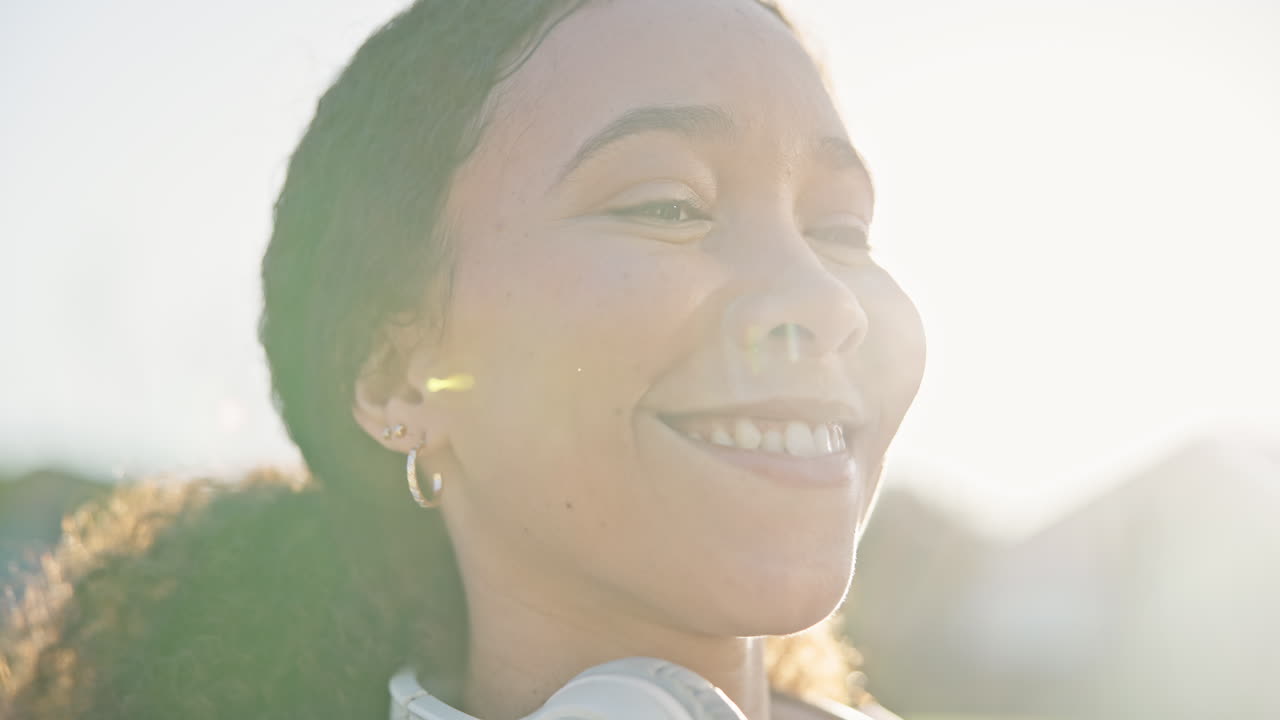 Fitness, face and woman with headphones