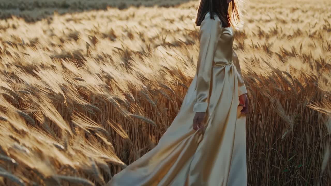 mujer con vestido dorado en un campo de trigo