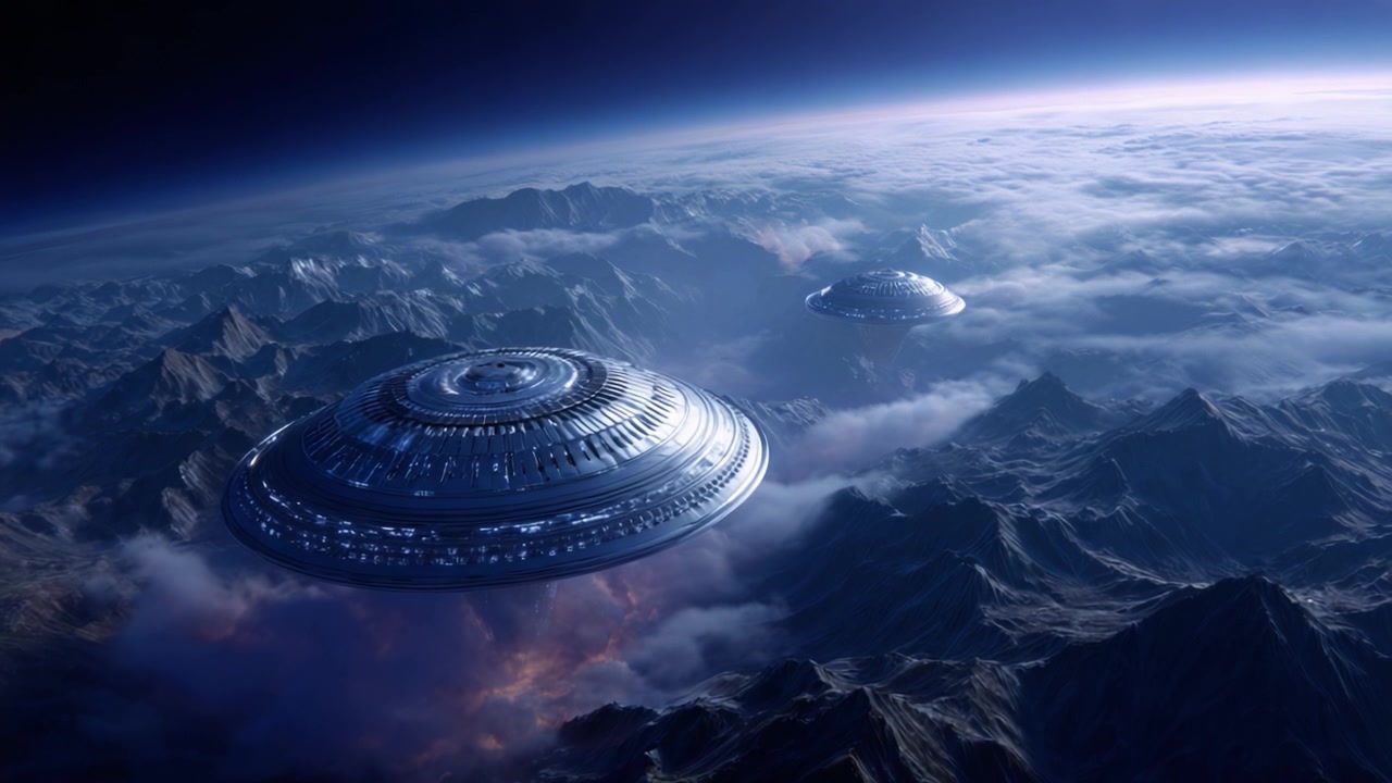 Vaisseaux spatiaux mystérieux planant au-dessus d'une chaîne de montagnes majestueuse dans une scène cosmique extraordinaire, évoquant l'émerveillement et la fascination dans l'immensité de l'espace.