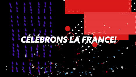 confeti y formas coloridas animación con el texto de celebrar francia
