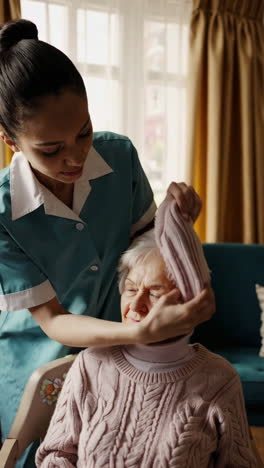 caregiver providing personal care and support to an elderly woman