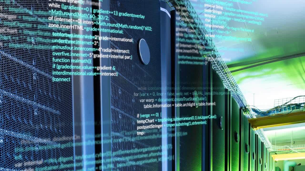 animação do processamento de dados contra uma sala de servidor de computador vazia