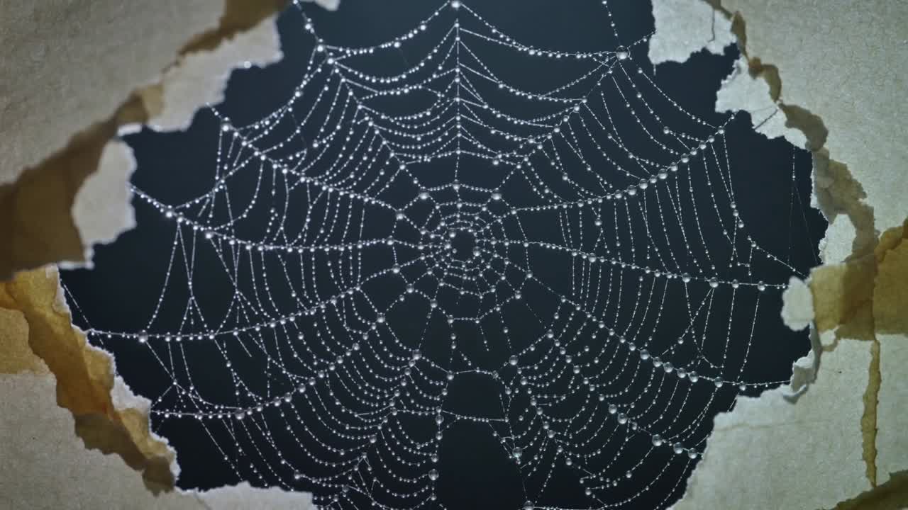 Orb spider web spanning torn paper hole while camera zooming and flash lighting dew beads education