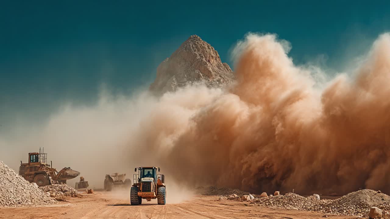 Dusty Construction Site with Heavy Machinery: A Scene of Earth Moving and Terrain Alteration Amidst Rising Clouds of Dust and Gravel