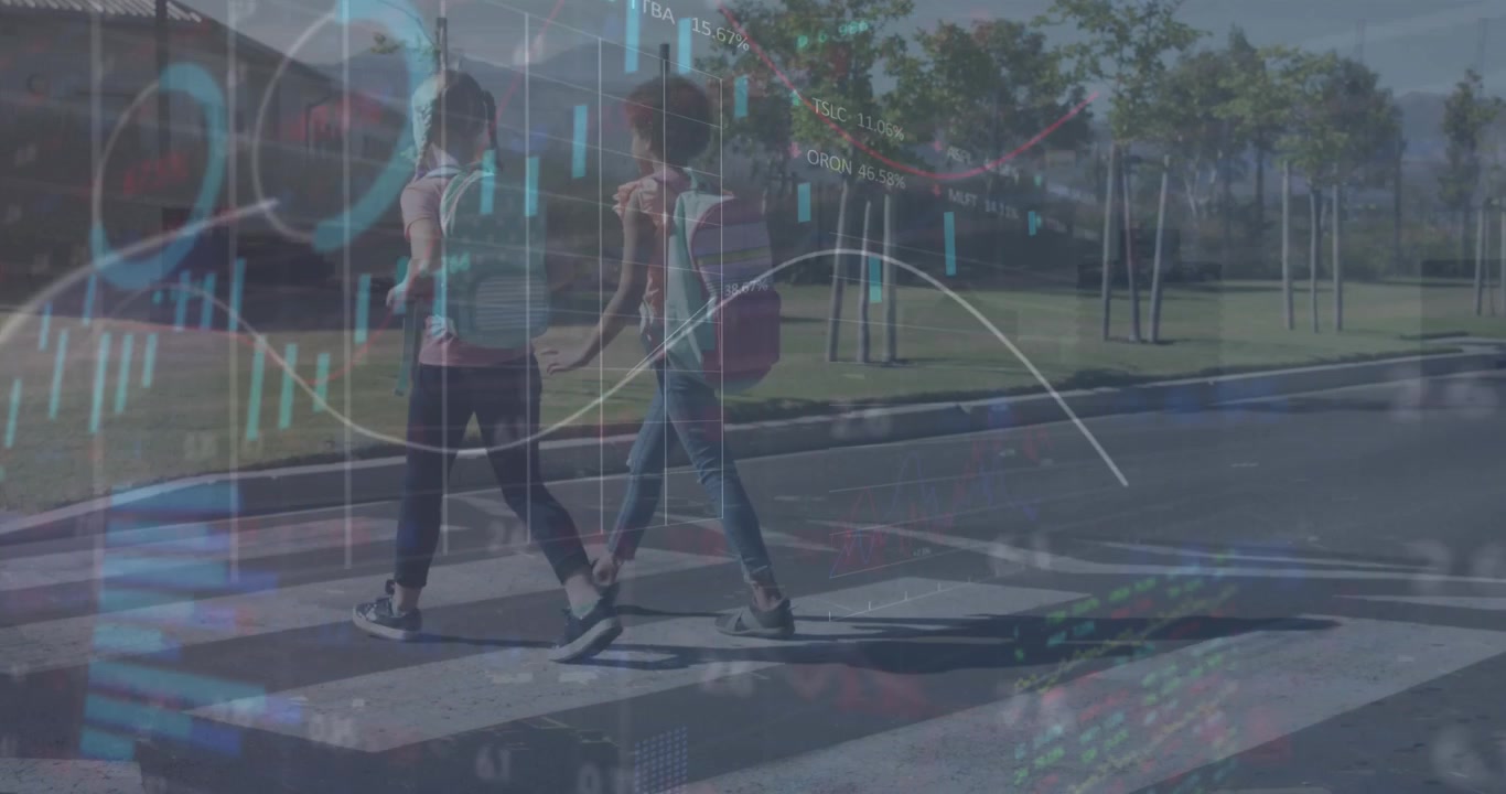 Two girls crossing the street symbolize global economic aspects and financial forces.