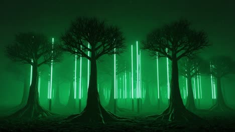 a mystical forest illuminated by vertical neon lights, creating a surreal atmosphere amidst the dark shadows of twisted trees against the night sky
