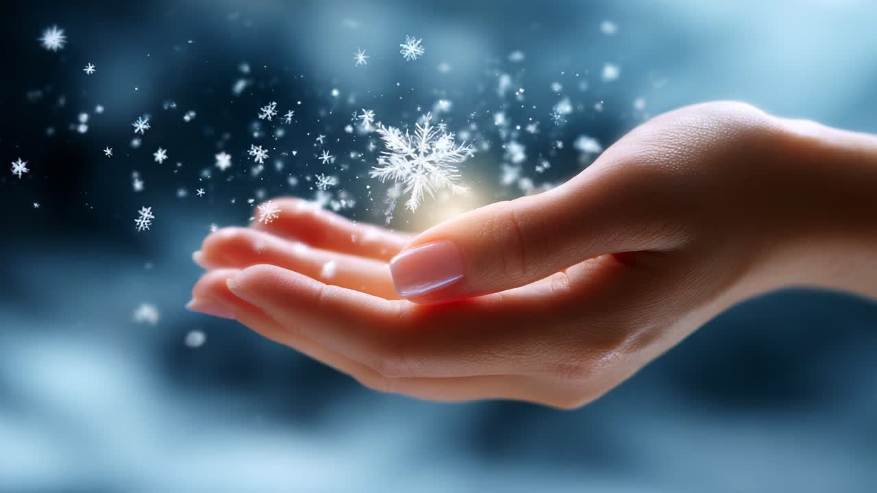 A Delicate Dance of Snowflakes: Captured in the Gentle Embrace of a Hand, This Image Showcases the Beauty of Winter as Snowflakes Cascade Gracefully from a Hand in a Soft, Ethereal Setting