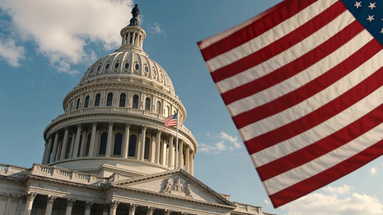 Una bandiera statunitense sventola e si muove verso sinistra su Washington D.C., spinta dal vento, con la cupola del Campidoglio degli Stati Uniti e una piccola bandiera che svolazza.