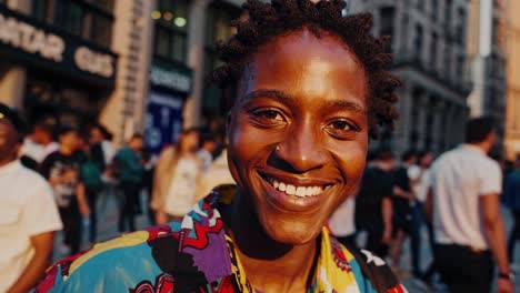 smiling woman in a colorful shirt on a city street