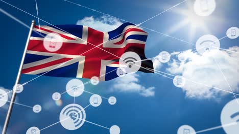 animation of network of connection and icons over uk flag and cloudy sky