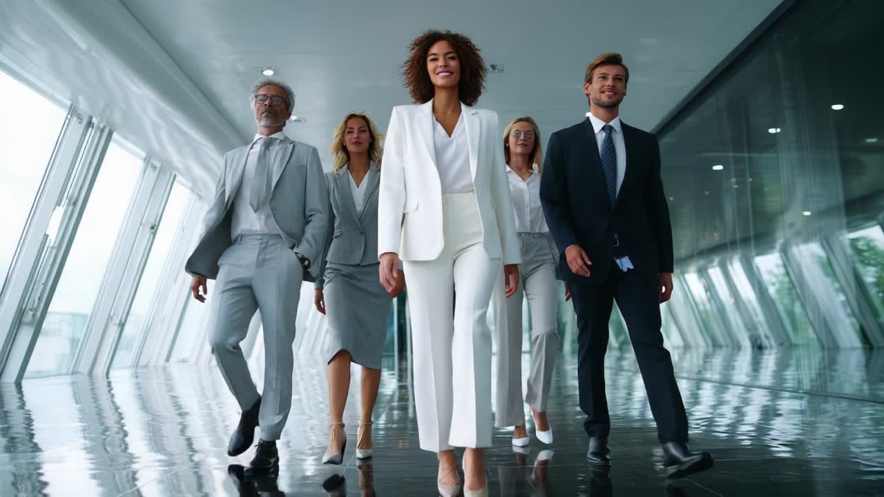 Group of Business Professionals Walking in Hallway